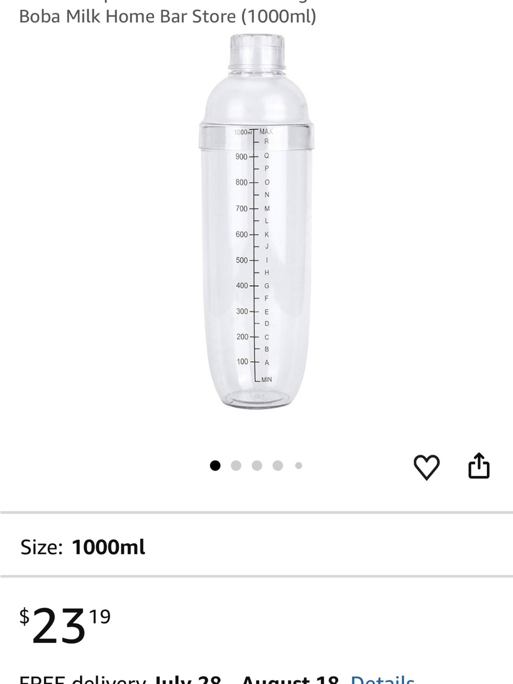 Clear 1000ml Boba Milk Home Bar Shaker Bottle